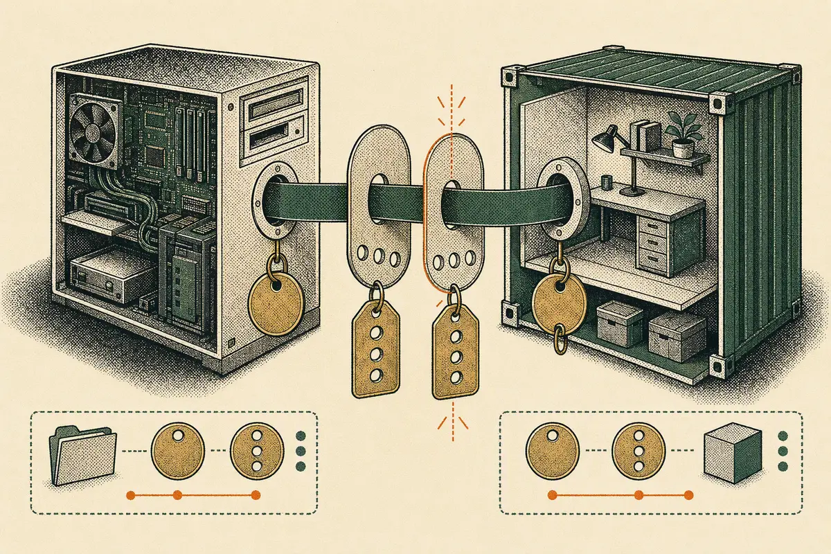 A halftone technical cutaway showing a host computer and container workspace joined through aligned identity tags.